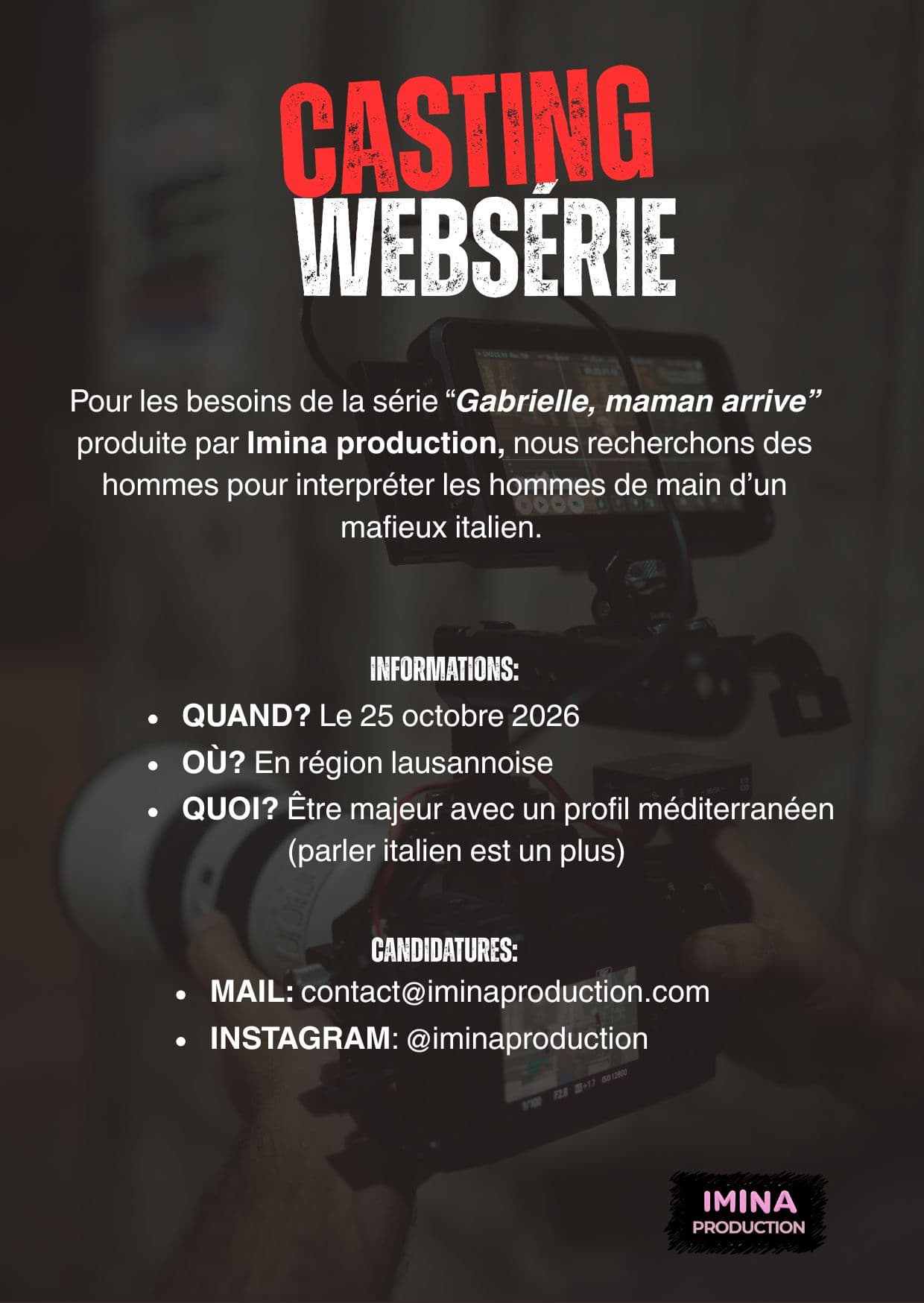 Casting hommes pour interpréter les hommes de main d'un mafieux italien, pour la série Gabrielle, maman arrive